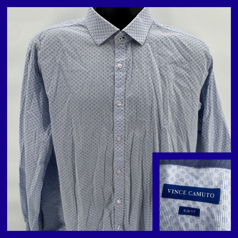 Vince Camuto Slim‎ Fit Men's Long Sleeve Button  Shirt Blue Geometric Pattern